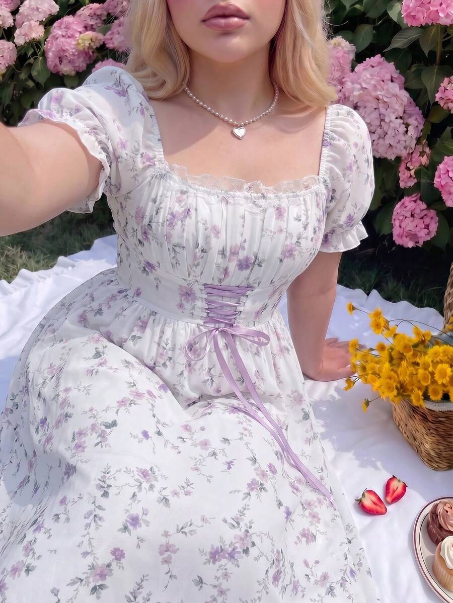 Lyrianda Sweet Romantic Vacation Plus Size Ditsy Floral Short Sleeve Cinched Waist Maxi Dress - Mauve Purple - View 1