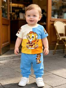 2pcs Baby Boy Casual Cute Cartoon Lion Pattern Patchwork Contrast Color Round Neck T-Shirt And Matching All-Over Animal Print Long Pants Set - Multicolor - View 4