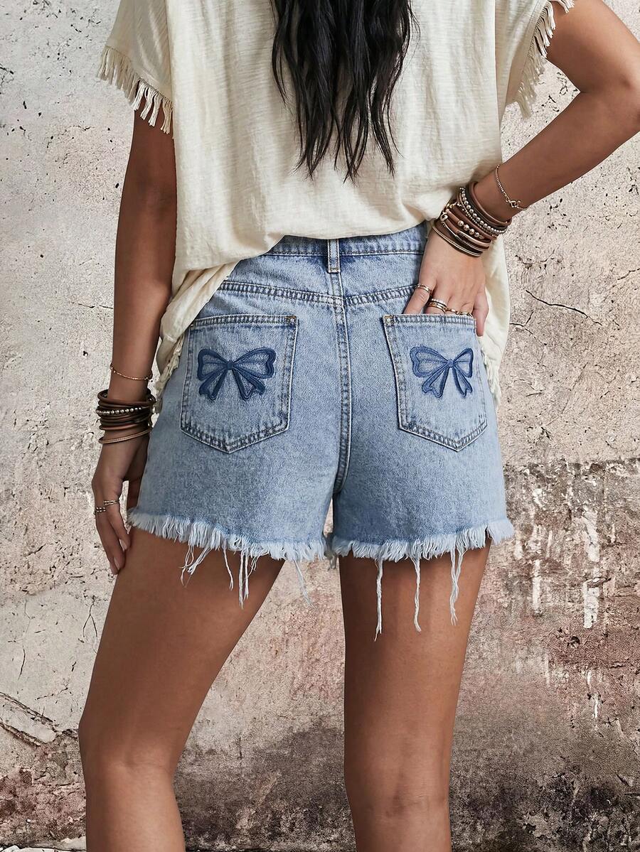 EMERY ROSE Women's Light Blue Bow Embroidery Distressed Raw Hem Non-Stretch Denim Shorts Vacation Summer Cute