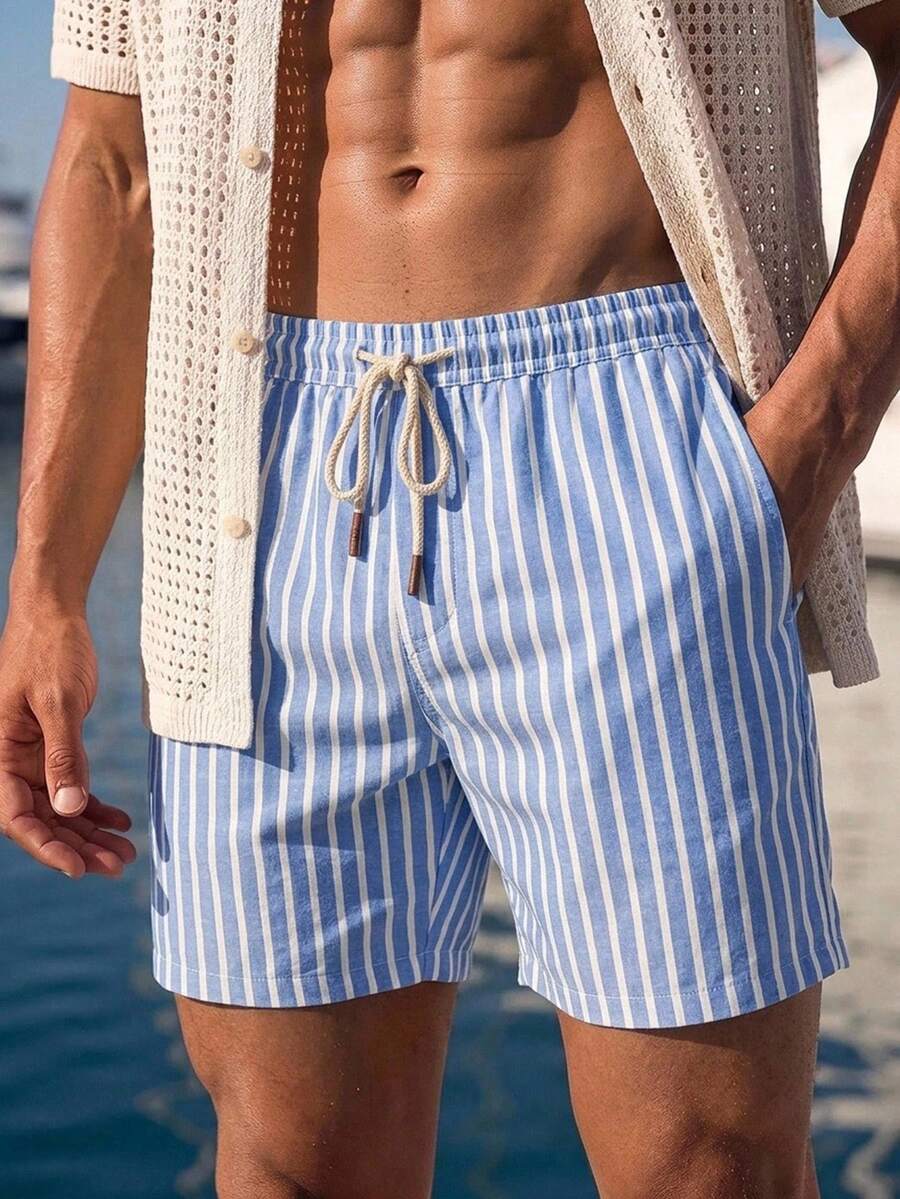 HIMLAND Striped Casual Elastic Waist Shorts For Summer Beach And Vacation
Stylish Blue And White Striped Drawstring Shorts For Warm Weather - Blue - View 1