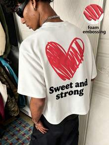 PAVTROS Camiseta casual versátil de uso diario con estampado de letras & corazones para hombres - Blanco - Ver 3