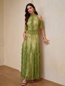ZEYLAH Spring/Summer Lace Patchwork Ruffle Off-Shoulder Dress - Green - View 5