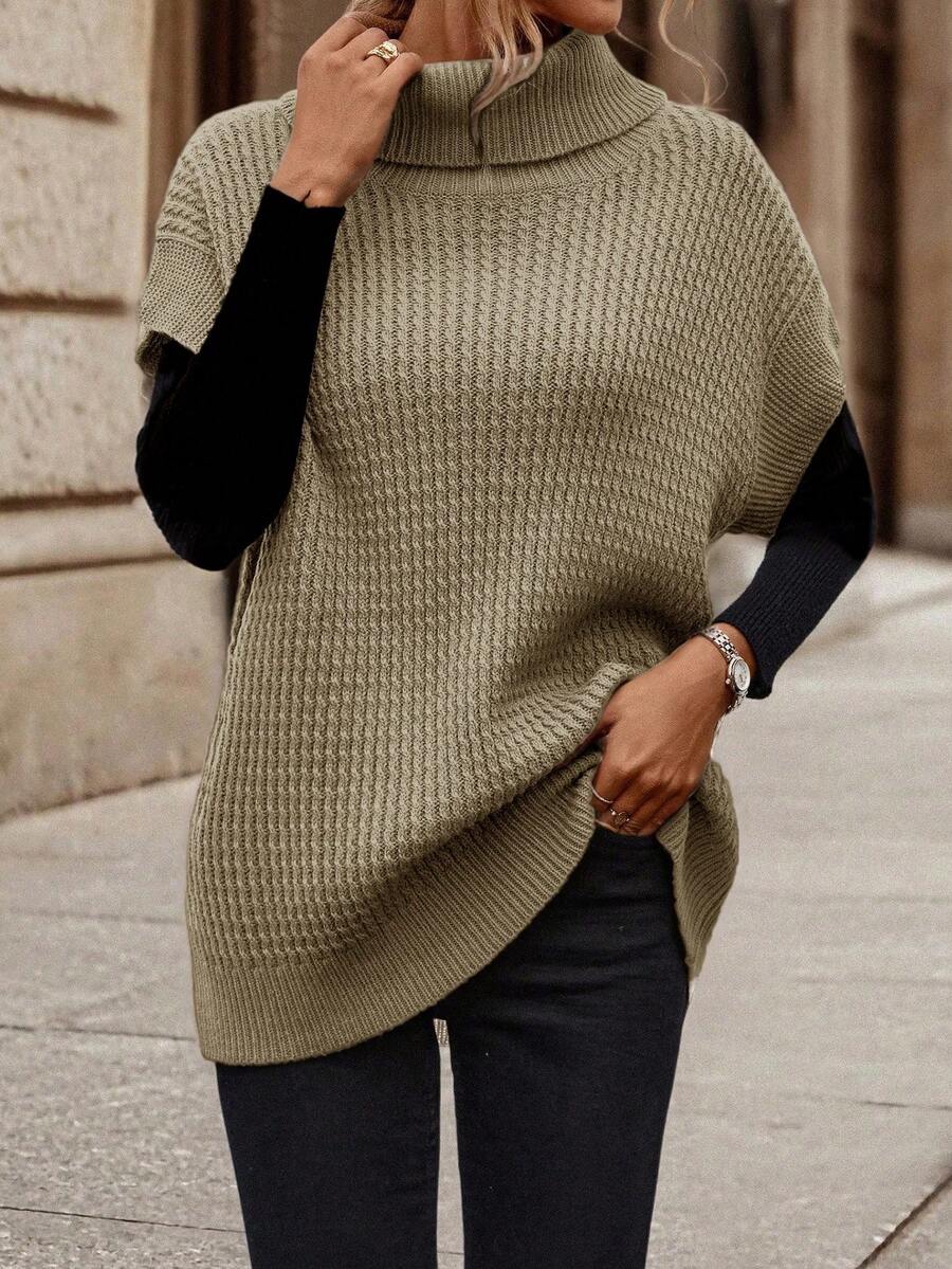 SHEIN Women's Solid Color High Neck Casual Versatile Daily Knit Vest - Khaki - View 1