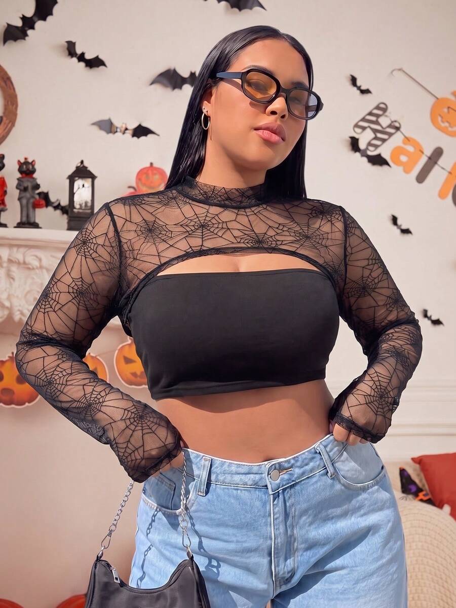 Muchica Plus-Size Women's New Halloween Spider Web Print Cropped Top Winter - Black - View 1