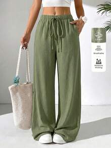 Solflare Spring/Summer Vacation Style Linen Drawstring Tie Pants Plus Size - Army Green - View 8