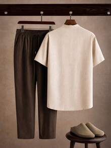 Core Aspect Men's Loose Colorblock 2-Piece Set, Khaki Brown Stand Collar V-Neck Shirt + Off-White Drawstring Wide Leg Pants, Gen Z Cityboy Street Style Summer Outfit - Multicolor - View 2