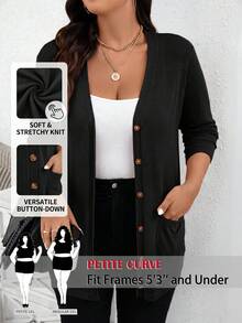 SHEIN PETITE CURVE 大尺碼女款黑色長袖開襟衫，秋季辦公居家穿搭，正式優雅寬鬆商務風，柔軟休閒專業款 - 黑色 - 查看 1