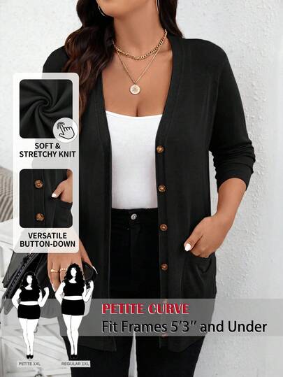 SHEIN PETITE CURVE Cardigan de manga larga negro para mujer de talla grande