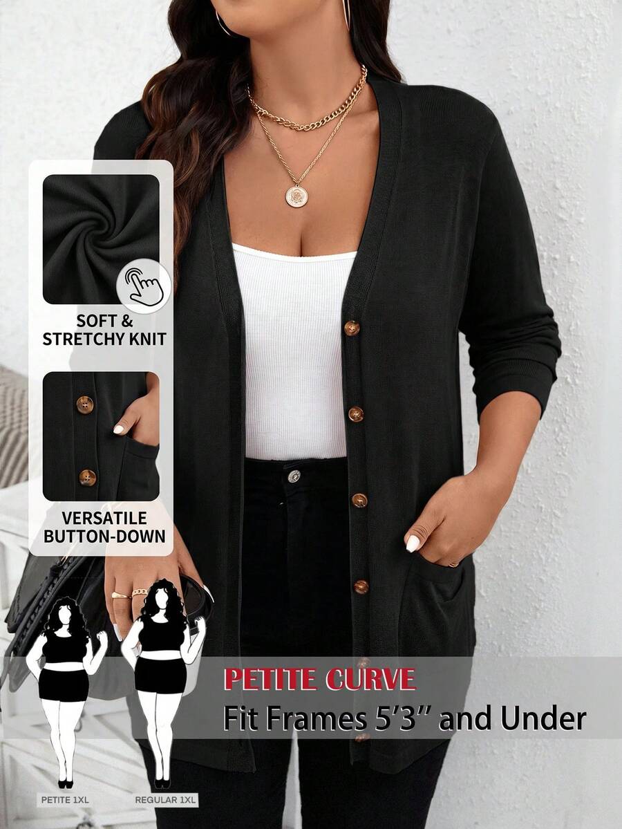 SHEIN PETITE CURVE 大尺碼女款黑色長袖開襟衫,秋季辦公居家穿搭,正式優雅寬鬆商務風,柔軟休閒專業款 - 黑色 - 查看 1