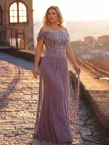 Aureia Elegantes, luxuriöses Meerjungfrauenkleid in Große Größen, lila, mit offenen Schultern, Perlen, Pailletten, Bubble-Perlen, Stickerei und Quasten, sexy hängende Ärmel, für Hochzeit und Abendessen - Mauve - Übersicht 2