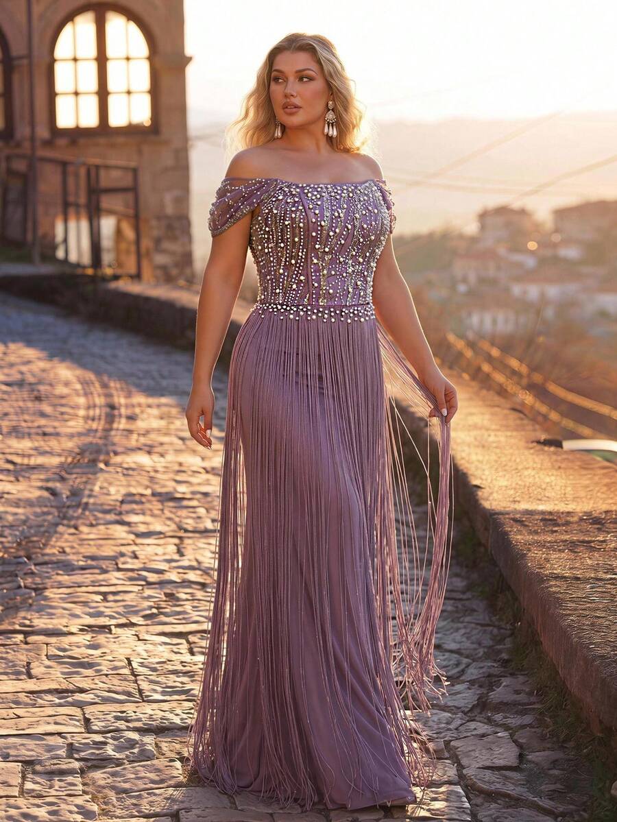 Aureia Elegantes, luxuriöses Meerjungfrauenkleid in Große Größen, lila, mit offenen Schultern, Perlen, Pailletten, Bubble-Perlen, Stickerei und Quasten, sexy hängende Ärmel, für Hochzeit und Abendessen
