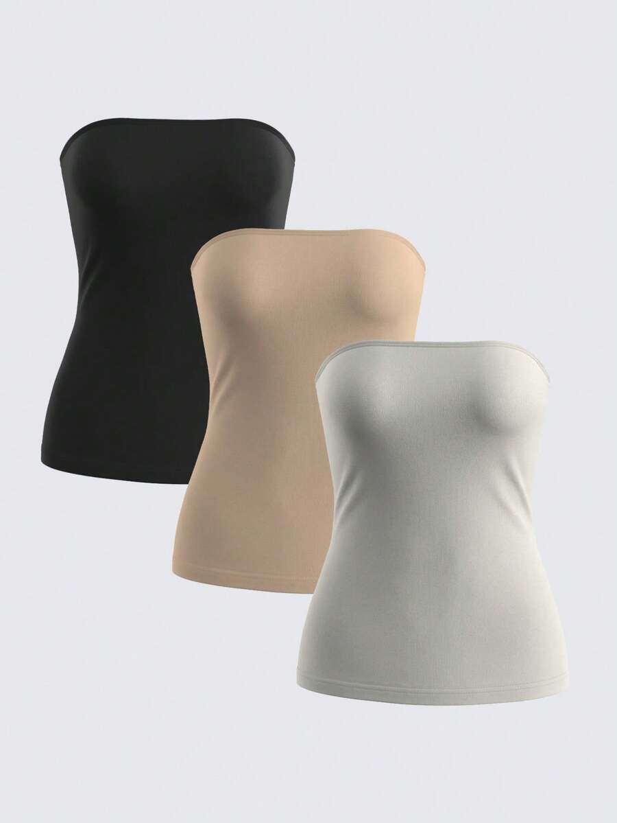 SHEIN BASICS 3件/組 女款休閒素色針織抹胸上衣 露肩上衣 夏季服飾