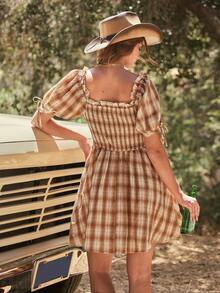 WESTFADE Ruffle Square Neck Short Puff Sleeve Plaid Mini Dress, Autumn, Fall, Vacation, Female Country Look, Cowgirl, Rodeo, Concert, Back To School - Multicolor - View 2