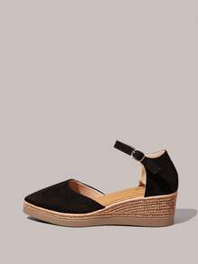 Styleloop Sandalias de mujer estilo bohemio con cuña de paja y cuerda de cáñamo, punta fina, plataforma retro, botón y tacón alto tipo romano - Negro oscuro - Ver 3
