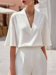 RosyDaze Women's White V-Neck T-Shirt, Casual T-Shirt For Summer Outfits - White - View 1