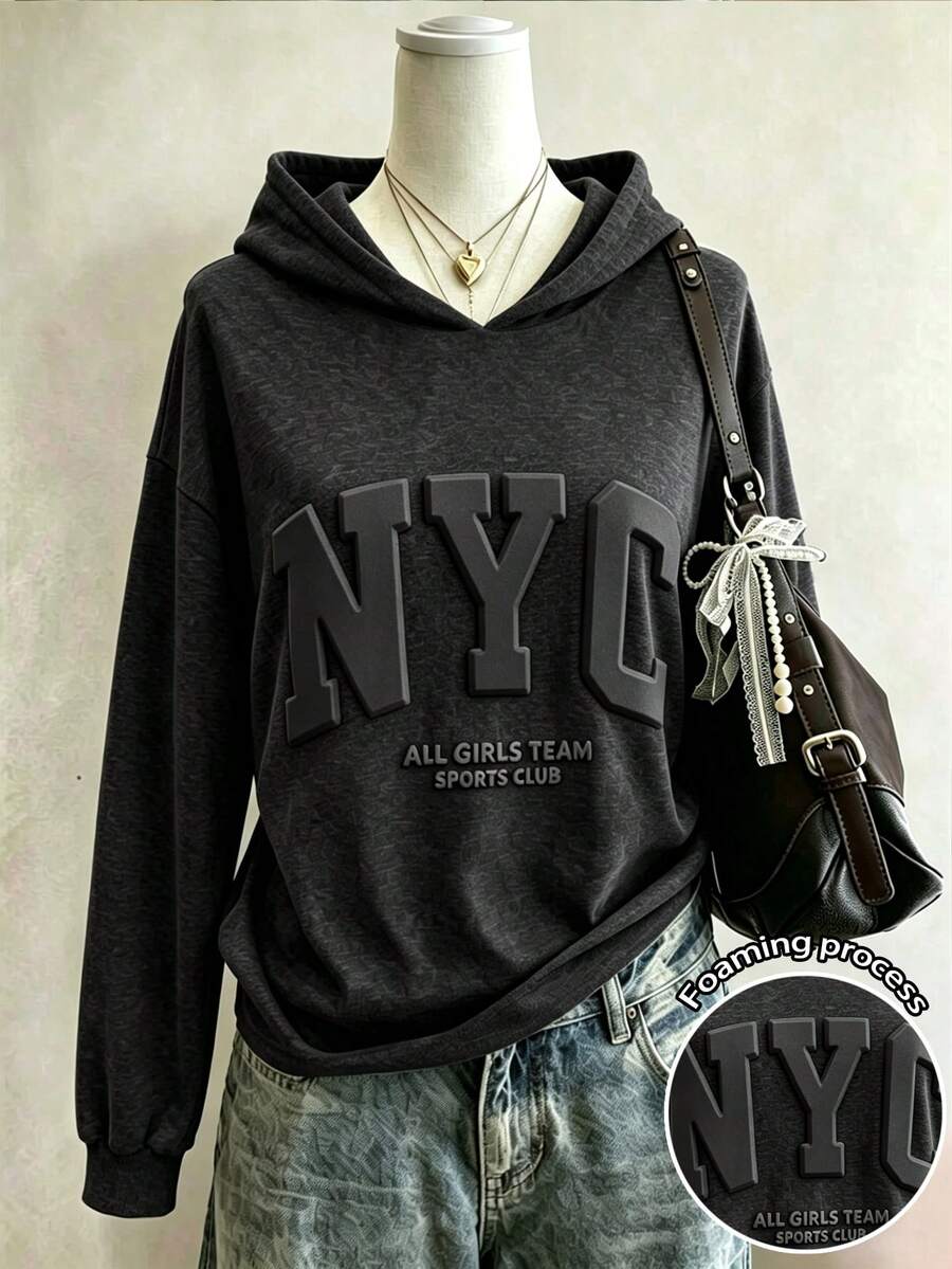 Lalippa 女款美式復古 NYC 3D 泡泡字體衛衣,做舊黑色寬鬆顯瘦懶人套頭運動衫 - 黑色 - 查看 1