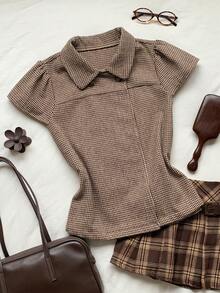 Comfortcana Women's Houndstooth Short Sleeve Top Autumn Back To School Going Out Top Y2K Tops Work Top - Brown - View 3