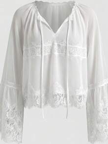 Willow Rêve 女款米色圓領荷葉邊蕾絲長袖襯衫，波希米亞風，度假浪漫風，情人節 - 米色 - 查看 2