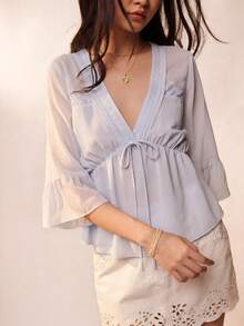 Willow Rêve Women's Blue Flowy Lace Decor V-Neck Tie Blouse, Romantic Vacation Style, Valentine's Day, Boho Style, Suitable For Dating, Picnic, Lace Top,Blouses - Baby Blue - View 3