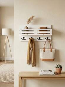 1pc Multi-Functional Wall-Mounted Storage Rack For Living Room, Multi-Layer Wall Hanging Home Organizer, Entryway Key Holder - White - View 5
