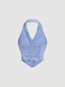 SHEIN MOD 女款條紋翻領單排扣掛脖背心上衣 - 藍白色 - 查看 4