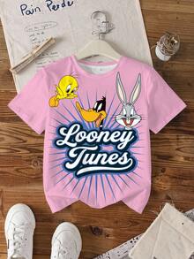LOONEY TUNES X SHEIN 青少年女孩字母卡通印花短袖休閒T恤 - 白色 - 查看 7