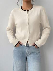 SHEIN BASICS 女款夏季休閒極簡度假風 優雅浪漫復古風 對比色貝殼刺繡領口與袖口開襟衫 通勤 音樂節 海灘 度假 夏季 - 彩色 - 查看 4