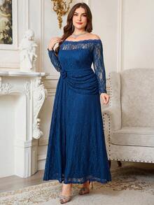 Reflora Plus Size Women's Off-Shoulder Long Sleeve 3D Floral Decor Lace Elegant Dress Fall - Blue - View 6