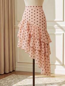 Suri Mira Falda Romántica Francesa Elegante Retro con Patrón de Lunares Marrones, Volantes Multicapa y Dobladillo Asimétrico, para Citas, Té de la Tarde, Fiestas y Aire Libre, Verano/Otoño - Rosa coral - Ver 7