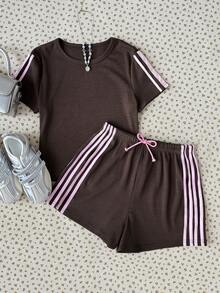 Teen Girl Casual Contrast Pink Tape Solid Brown Knit Set Shorts Summer Outfits 2 Pcs Sets - Brown - View 6