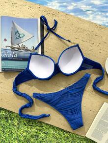 Swim SXY 2026新款女款夏季海灘泳衣，純色紋理獨特面料可愛比基尼套裝，附鋼圈聚攏胸部，金屬腰鏈，金屬肩帶上衣，海灘度假泳衣，女款時尚泳裝 - 藍色 - 查看 2