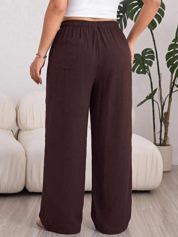 Solflare Plus Size Solid Color Casual Drawstring Waist Pocket Loose Long Pants - Coffee Brown - View 2