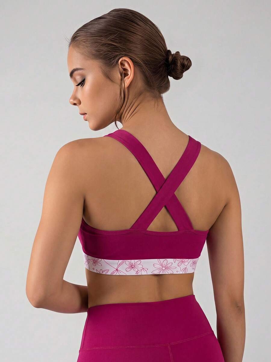 SHEIN Tween Girl Letter Floral Print Striped Colorblock Cropped Sports Tank Top - Pink - View 1