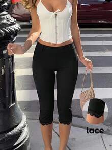 Firerie Women's Elegant Casual Sexy Spring Summer All Season Solid Black High Waist Leggings, Knitted Waist-Cinching Slim Fit Fashionable Versatile Night - Black - View 3