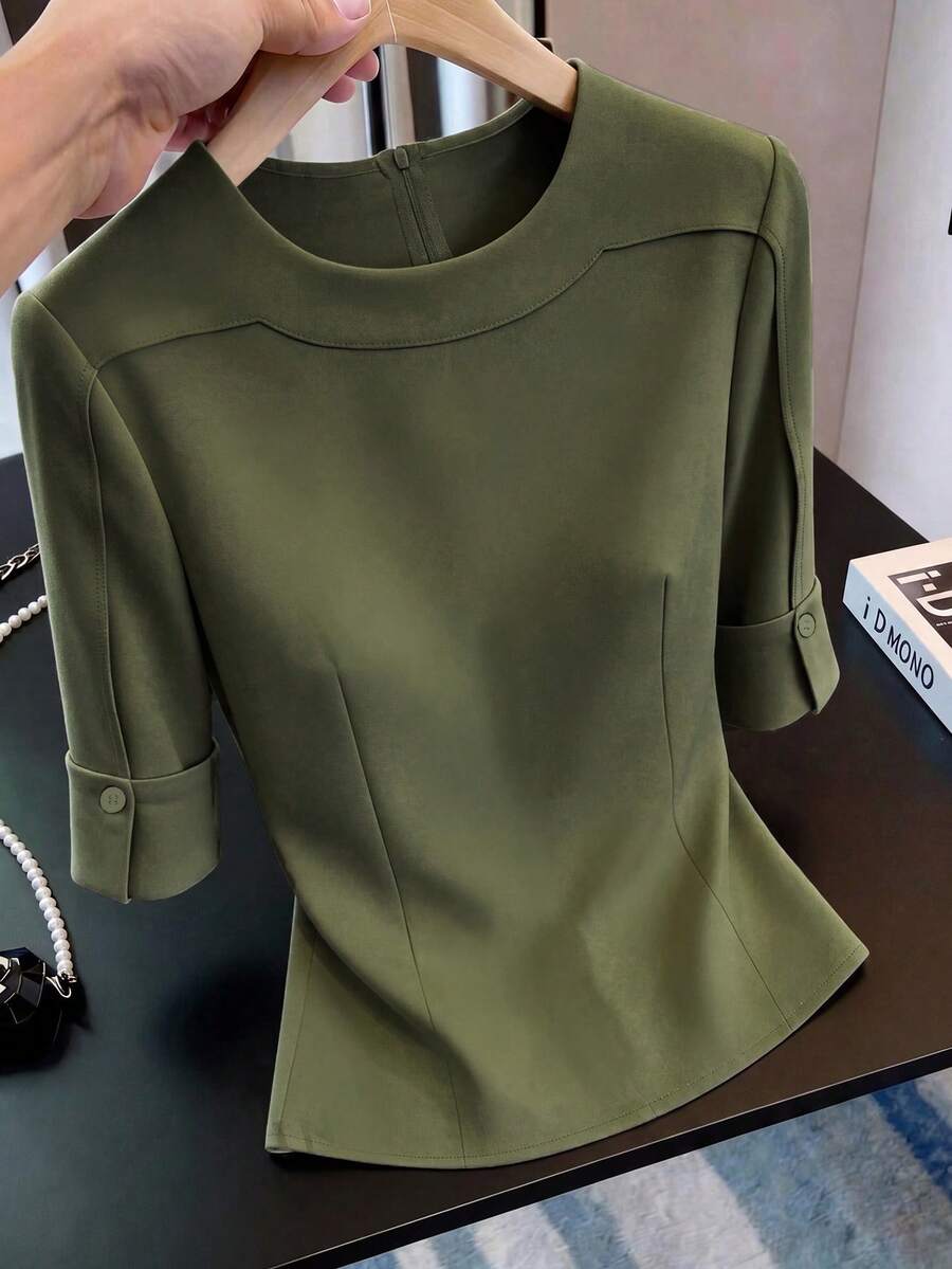 SHEIN Franclia 女款純色圓領休閒百搭日常穿著襯衫 - 軍綠色 - 查看 1