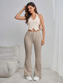 SHEIN Tall 女款喇叭休閒牛仔褲，附口袋，百搭，適合高個女性 - 杏色 - 查看 6