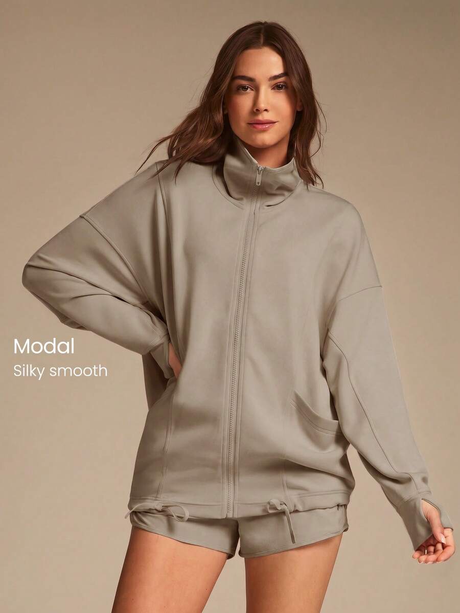 GLOWMODE SoftCalm Modal Chill Days 大廓型絲滑親膚透氣寬領抽繩下擺拉鍊外套 日常休閒穿搭 春夏季 - 卡其色 - 查看 1
