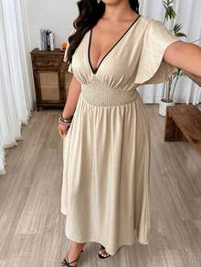 Weeklong Plus Size Women Deep V-Neck Colorblock Pleated Casual Daily Summer Dress Fall - Apricot - View 4