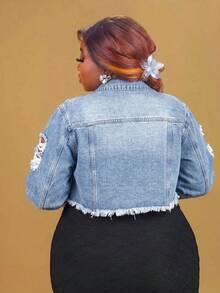 CurvyTilda Plus Size Front Button Frayed Trim Long Sleeve Ripped Denim Jacket Casual - Light Wash - View 2