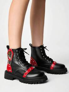 ROMWE Grunge Punk Women's Retro Platform Ankle Boots, Metal Rivet Punk Style, Skull Chain Design, 5cm Thick Sole, Zipper, Daily Wear, Black For Christmas Y2K - red and black - View 4