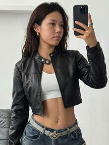 SHEIN 青少年女孩黑色修身短版拉鍊外套，街頭風嬉皮運動休閒基礎舒適長袖外套，適合秋冬穿著 - 黑色 - 查看 2