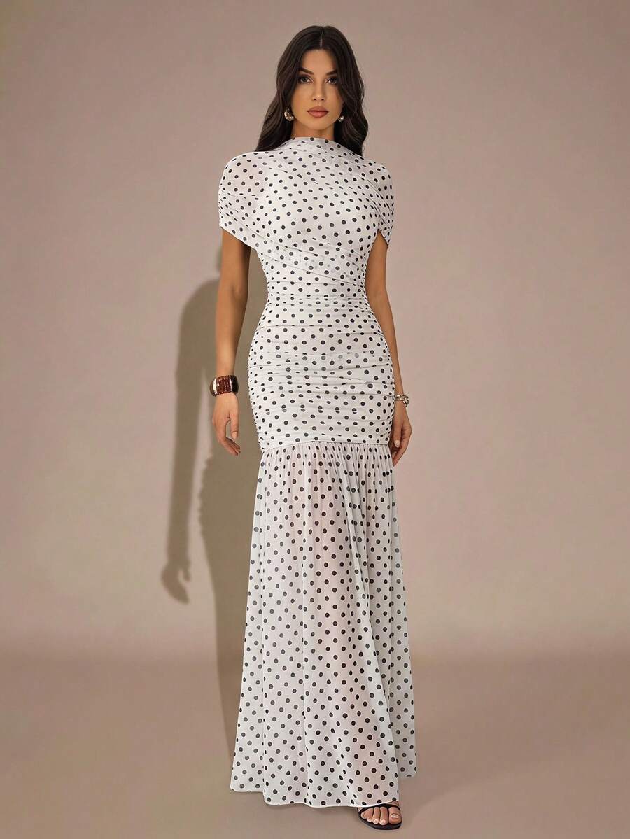 SHEIN Tall Summer Elegant Polka Dot Print Dress - White - View 1