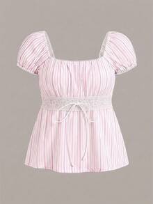 CovetEZ Summer Outfits Square Neck Petal Sleeve Tie Front Tee In Pink Striped Print,Summer Top - Multicolor - View 6
