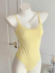 Comfortcana Women's Solid Color Lace Patchwork Elegant Sleeveless Bodysuit For Summer - Mustard Yellow - View 7
