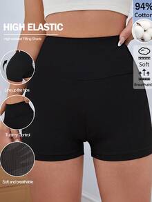 SHEIN BASICS 女款休閒運動純色高腰修身短褲，夏季健身房穿著，黑色 - 黑色 - 查看 8