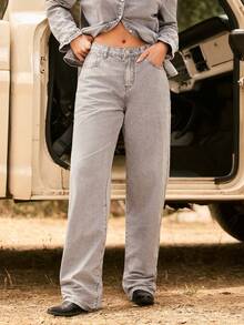 WESTFADE Mid Rise Relaxed Wide Leg Denim Jeans, Fall Winter 2026, Autumn, Female Country Look, Cowgirl, Rodeo, Concert, Back To School - Light Grey - View 6