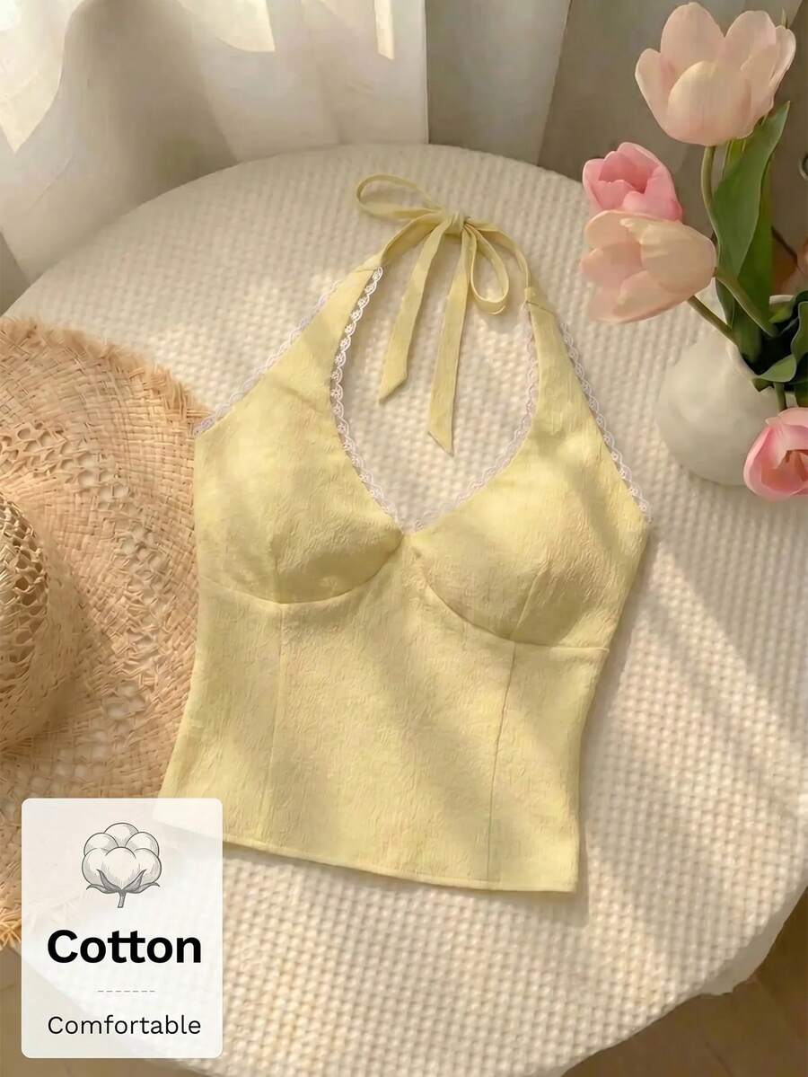 SHEIN MOD 女款純棉純色深V掛脖無袖短版上衣,黃色甜美Y2K風格,適合海灘、外出、音樂節,秋季夏季穿搭 - 鵝黃色 - 查看 1