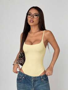FavEase 女款春夏歐美風辣妹時尚簡約修身低領純色休閒百搭連身衣 - 黃色 - 查看 5