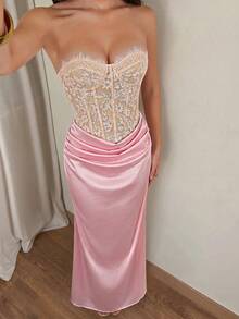 Nuvra Women's Lace Patchwork Ruched Elegant Waist-Cinched Strapless Dress For Party - Pink - View 5