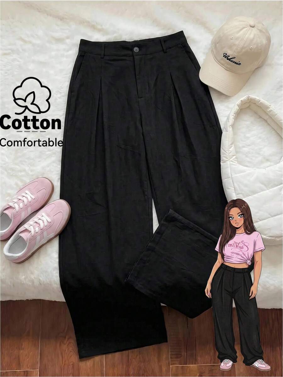 Comfortcana Plus Size Solid Color Button Casual Wide Leg Pants Graduation,Back To Schoo - Black - View 1